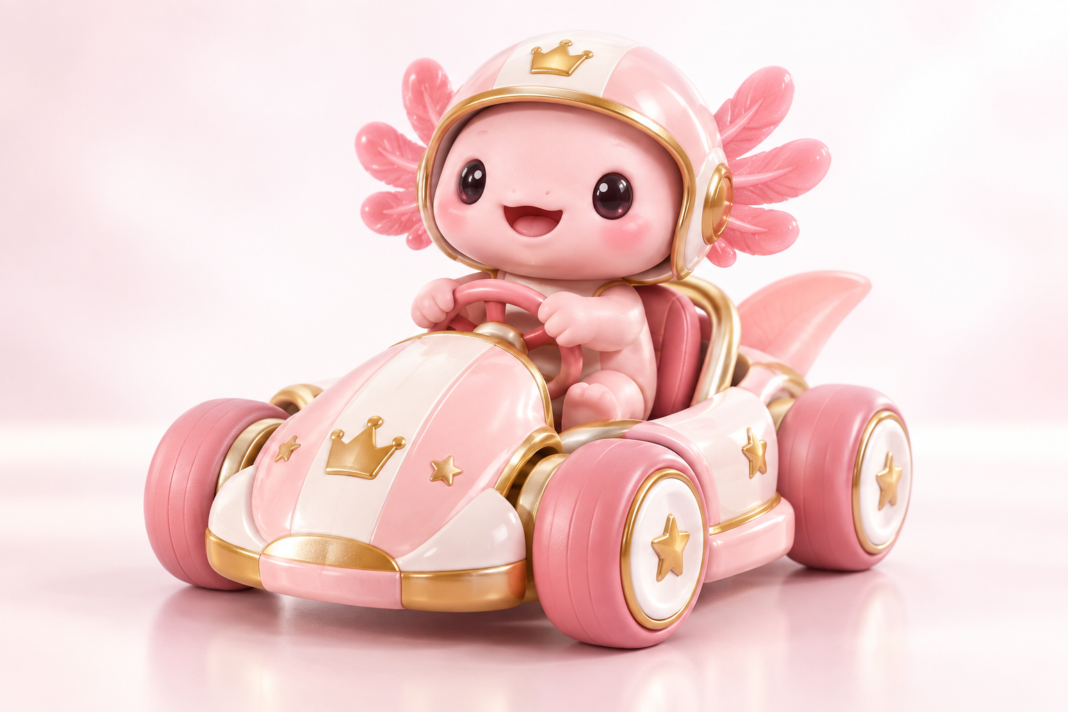 Pastel pink axolotl character driving a white, pink, and gold toy go-kart
